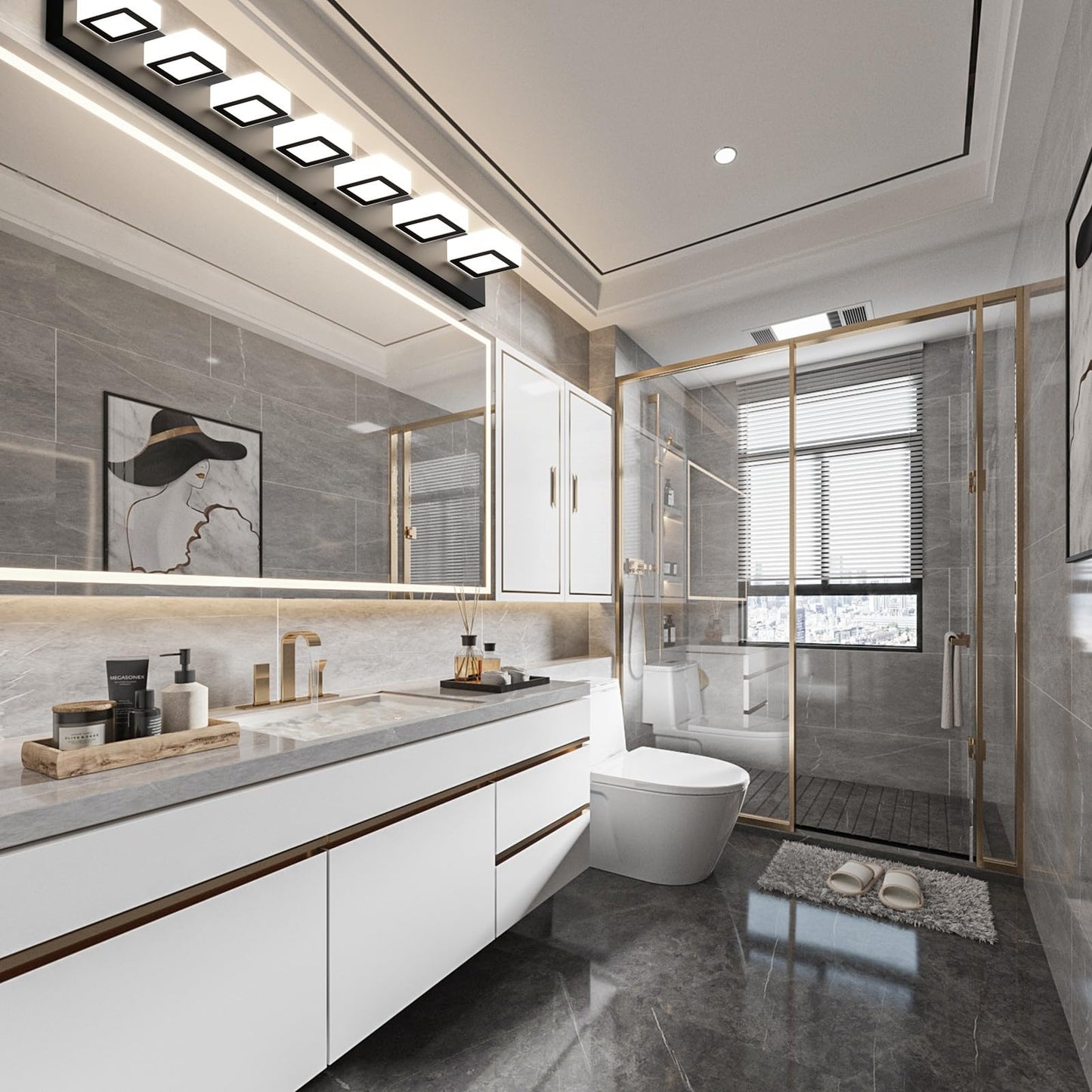 Ralbay 46 Led Vanity Lights, 7 Lights, Matte Black Metal, Natural White Light 4500K, Modern Bathroom Fixture