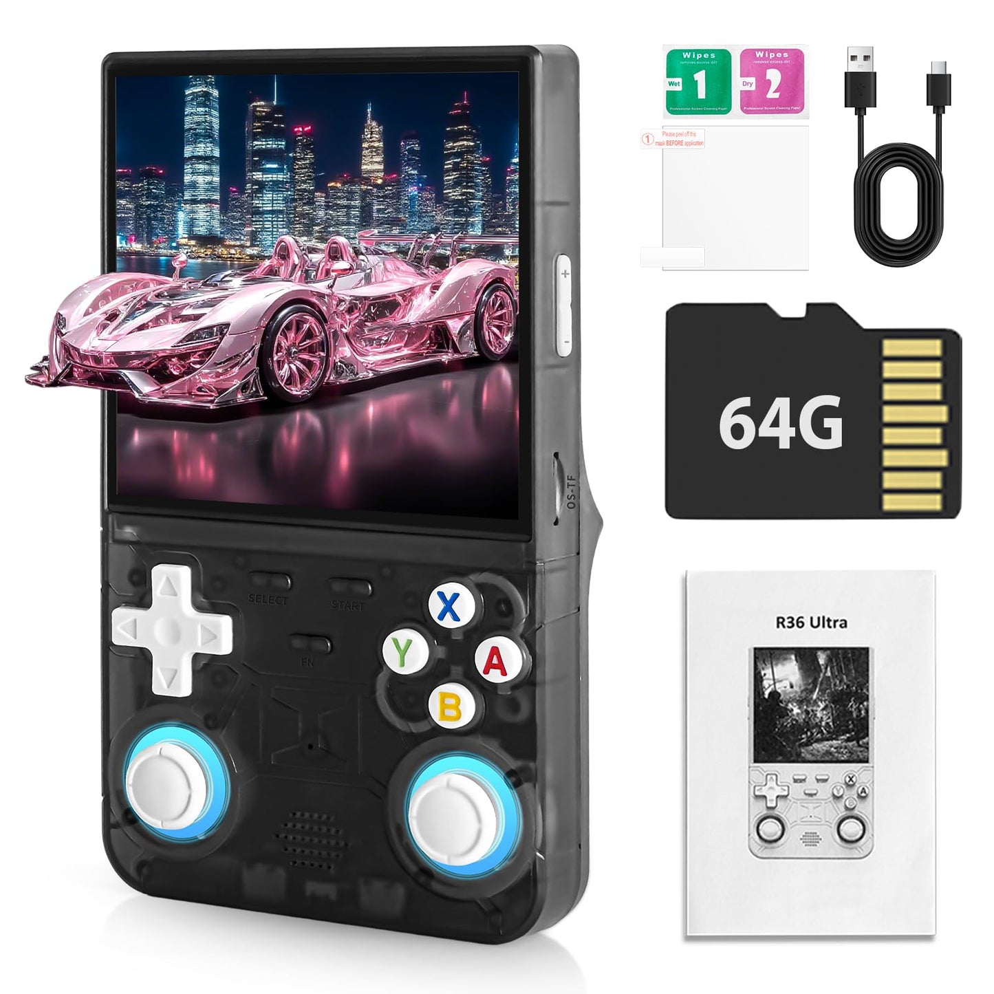 Forlarme R36Ultra Retro Handheld Game Console - Open Source Linux System, 30000+ Pre-Installed Classics, 4.0" IPS Display, 30+ Emulator Support, Includes 64GB Card & Portable Case (Black)