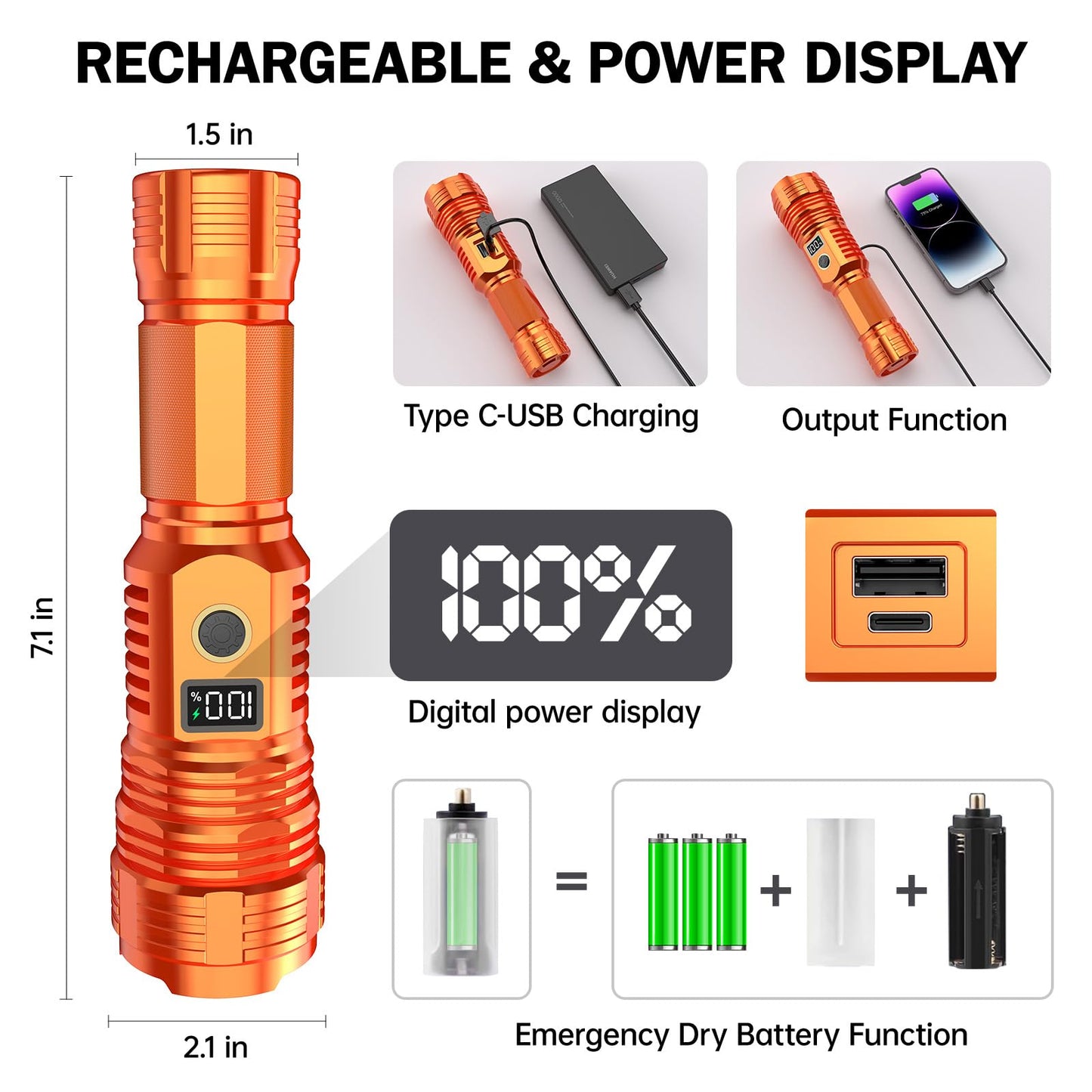CHILDBOT High Lumens LED Flashlight, Rechargeable, Waterproof, 5 Modes, Orange, Model Y1915C