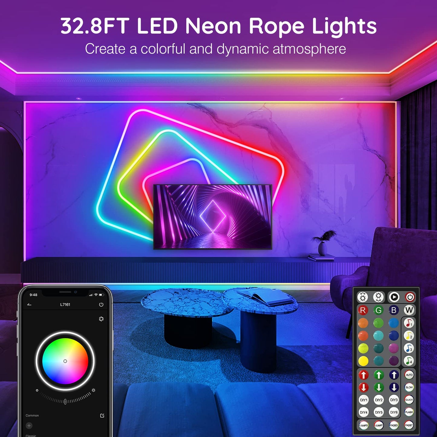 NUERPO 32.8Ft Neon Rope Lights, RGB LED, Waterproof, Music Sync, Flexible, App/Remote Control, for Bedroom Decor