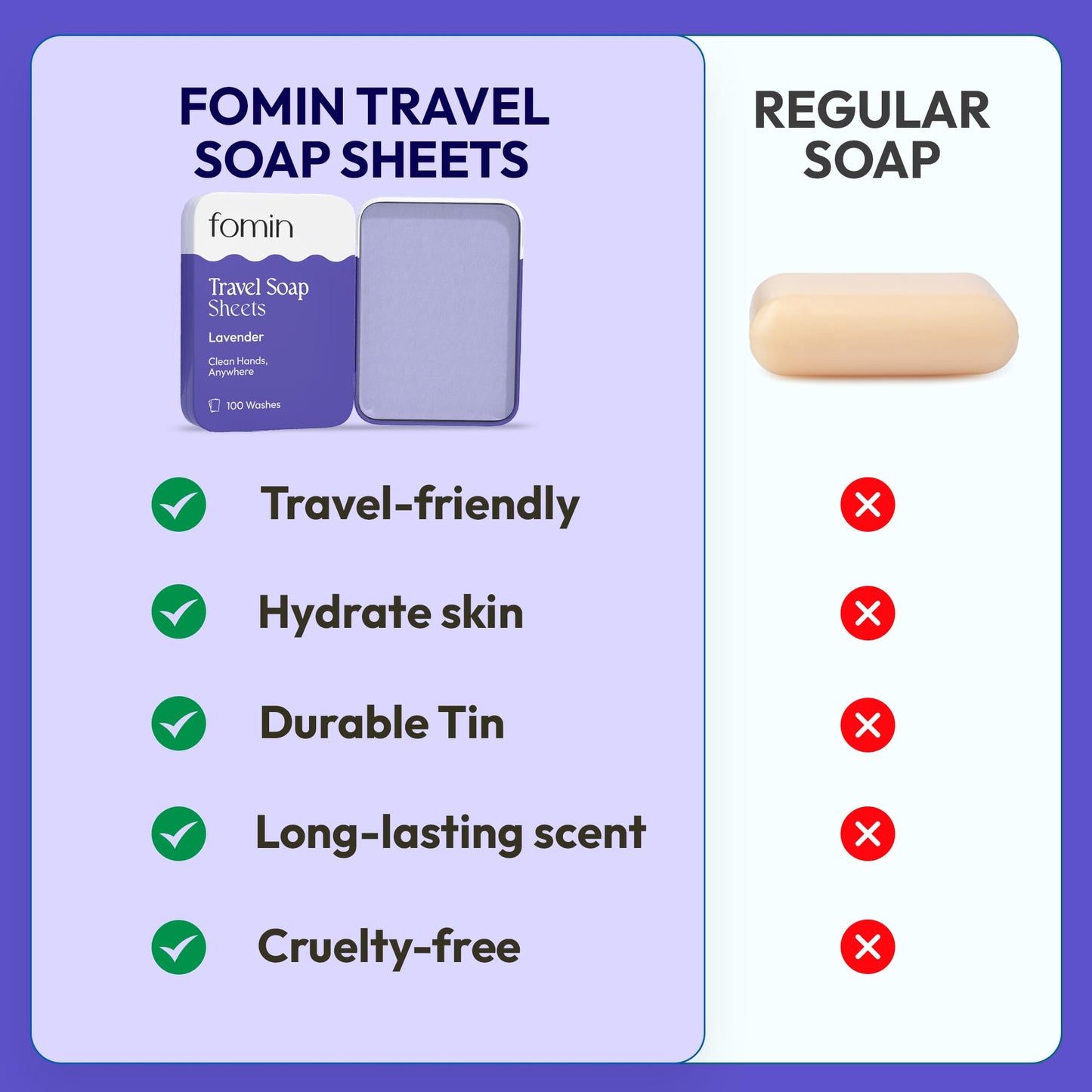 FOMIN - Antibacterial Paper Soap Sheets Tin for Traveling - (100 Sheets) Lavender Portable Travel Hand Soap Sheets, Dissolvable