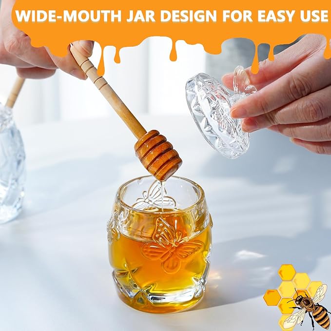 kanpura Clear Crystal Honey Jar with Dipper and Lid, Honey Bee Pot, 4.5oz Glass Honey Pot for Christmas Home Kitchen Decor
