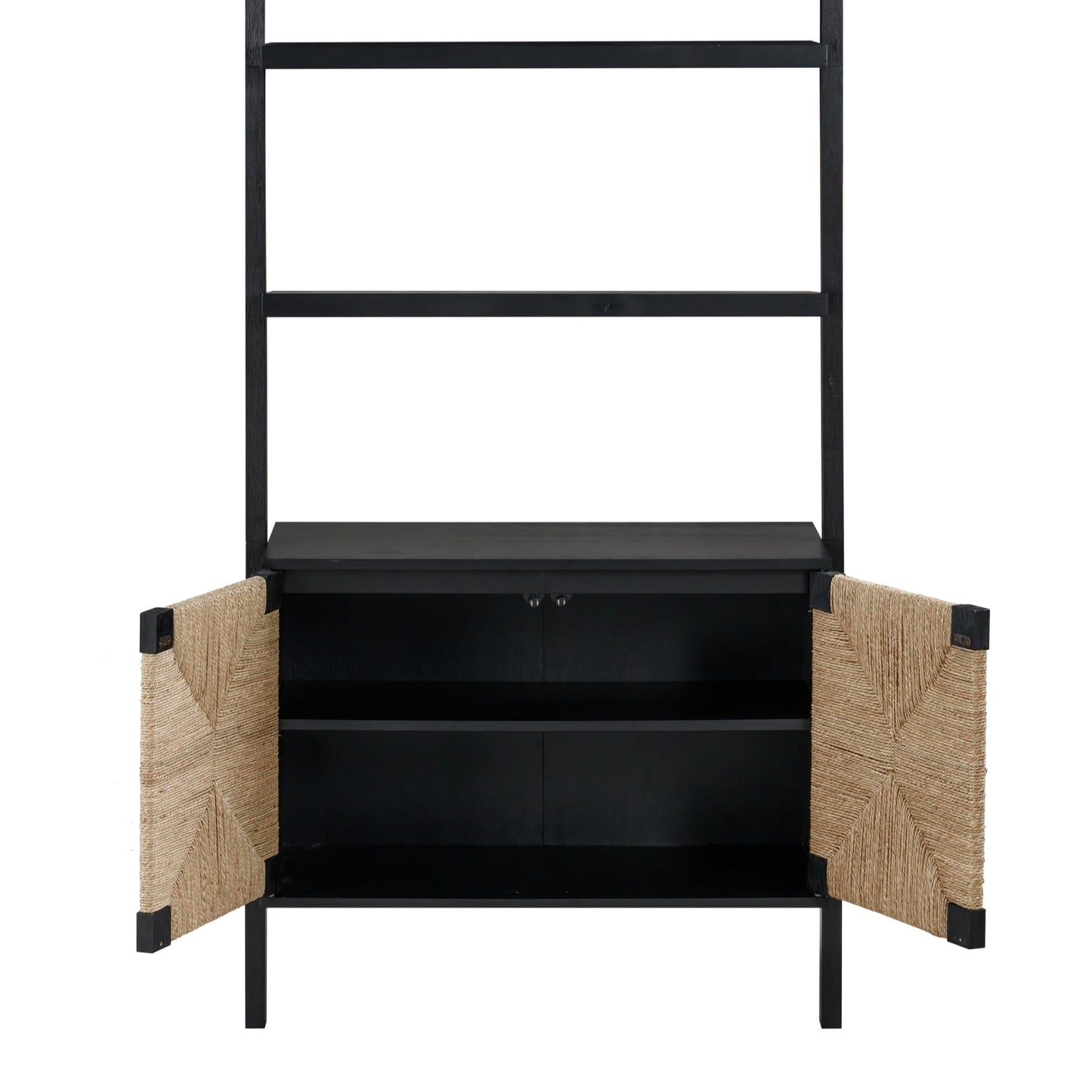 Nathan James Beacon 3-Shelf Bookcase with Seagrass Cabinet, Solid Wood Boho Bookshelf with Storage with Solid Wood Frame, Seagrass/Black