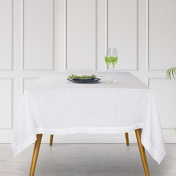 D'Moksha Homes Linen Tablecloth 60 x 84 Inch - 100% Pure Linen White Tablecloth - Machine Washable Dining Tablecloth for Rectangle Tables