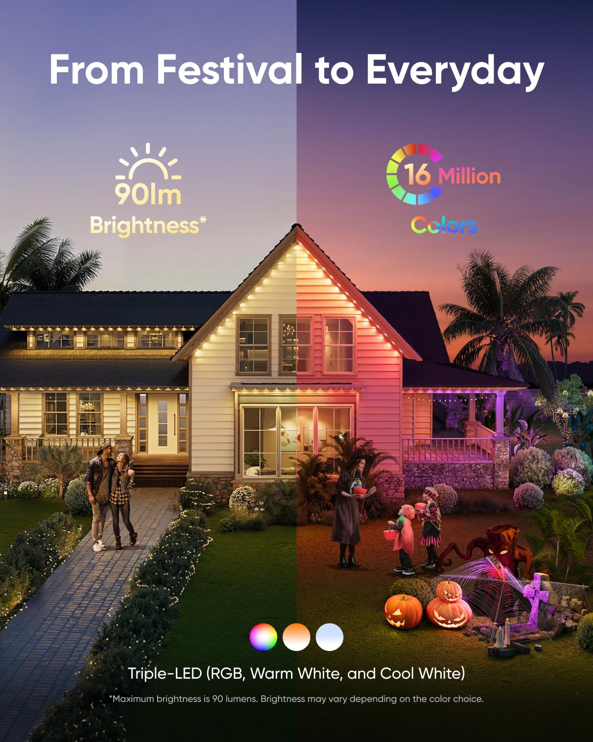 Eufy Permanent Outdoor Lights E22  150Ft With 90 Triple-Led Lights  Smart Rgbww  Daily And Holiday  Up To Ip67 Waterproof  Ai Lighting Themes For Halloween  Christmas  Links With Cameras  Black