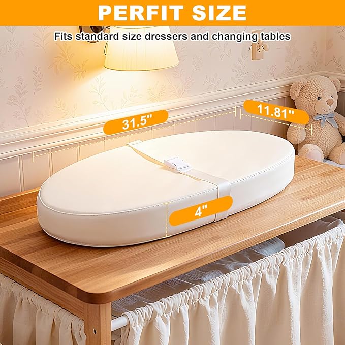 Baby Diaper Changing Pad, Wipeable Baby Changing Pad for Dresser, Contoured Waterproof Changing Pad with PU Cover, Non-Slip Safety Belt & Bottom, Portable, Lightweight