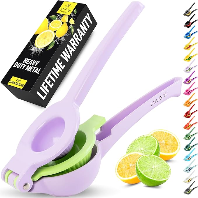Zulay Kitchen Metal 2-in-1 Lemon Squeezer - Sturdy Max Extraction Hand Juicer Lemon Squeezer Gets Every Last Drop - Easy to Clean Manual Citrus Juicer - Easy-Use Lemon Juicer Squeezer - Purple/Lime