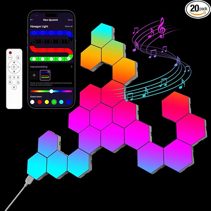 OJQ 20 Pack Hexagon Lights Wall RGB Panel - Hexagonal Led Lights Room Decor Wall Lights Smart APP Music with Sync Honeycomb Shape Panels Hexagon Gaming Lights for Bedroom Children