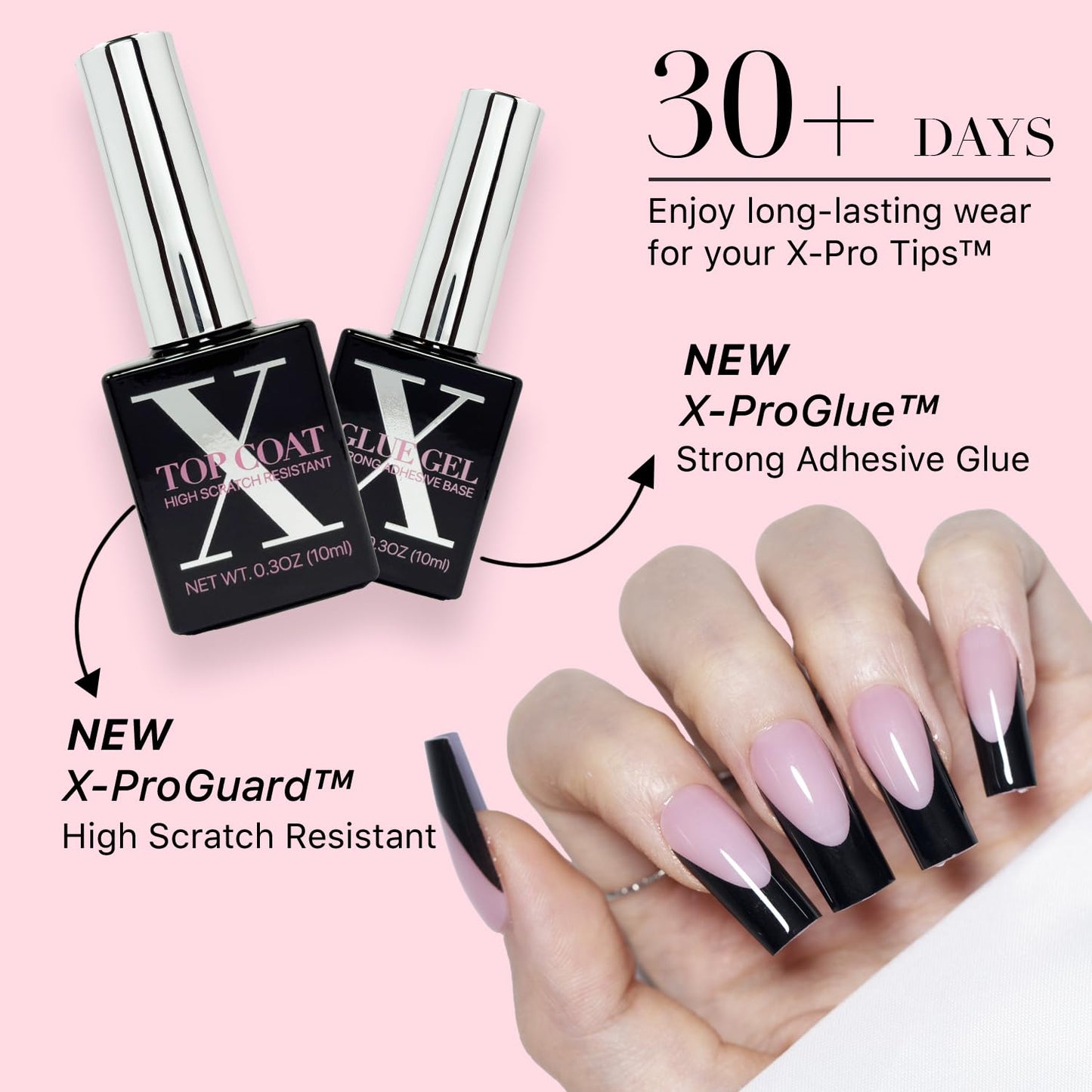 SXC Cosmetics French Tip Press On Nails - Black Series, Medium Square, X-Pro Tips Starter Kit | 150PCS, 15 Sizes, 5 Styles, Begi