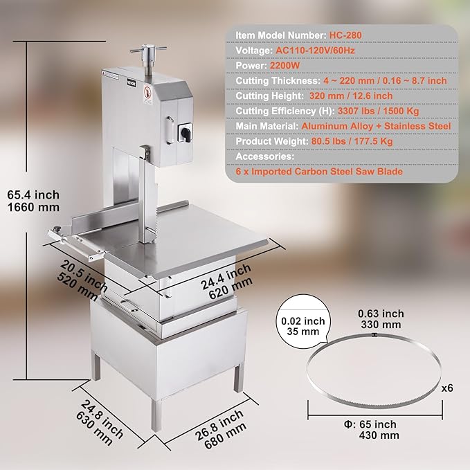 VEVOR Commercial Electric Meat Bandsaw, 2200W Stainless Steel Vertical Bone Sawing Machine, Workbeach 24.4" x 20.5", 0.16-8.7 Inch Cutting Thickness, Frozen Meat Cutter with 6 Blades for Rib Pork Beef