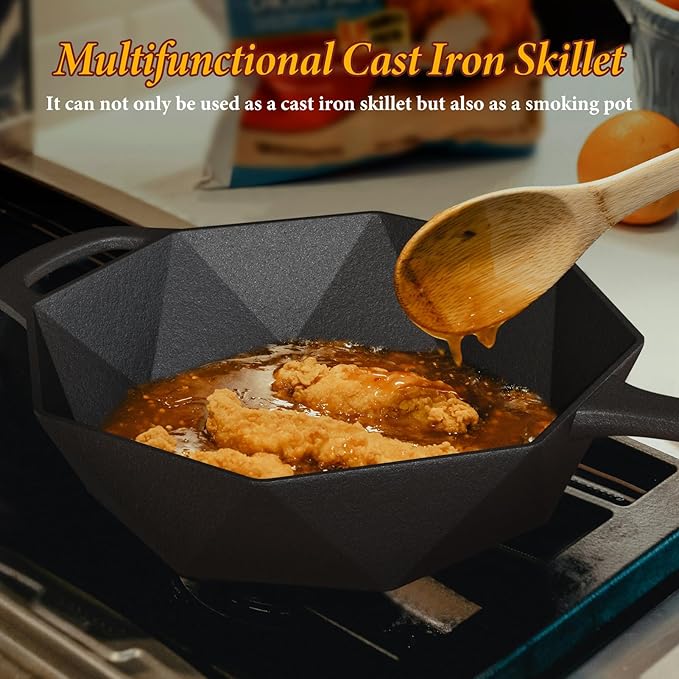 Cast Iron Skillet with Lid, Mini Cast Iron Smoker Skillets & Egg Pan with Assist Handle & 16-Facet Edge, 6.5 Inch Octagonal Design Frying Pan for Searing, Baking, Grilling, Roasting (Skillet-1)
