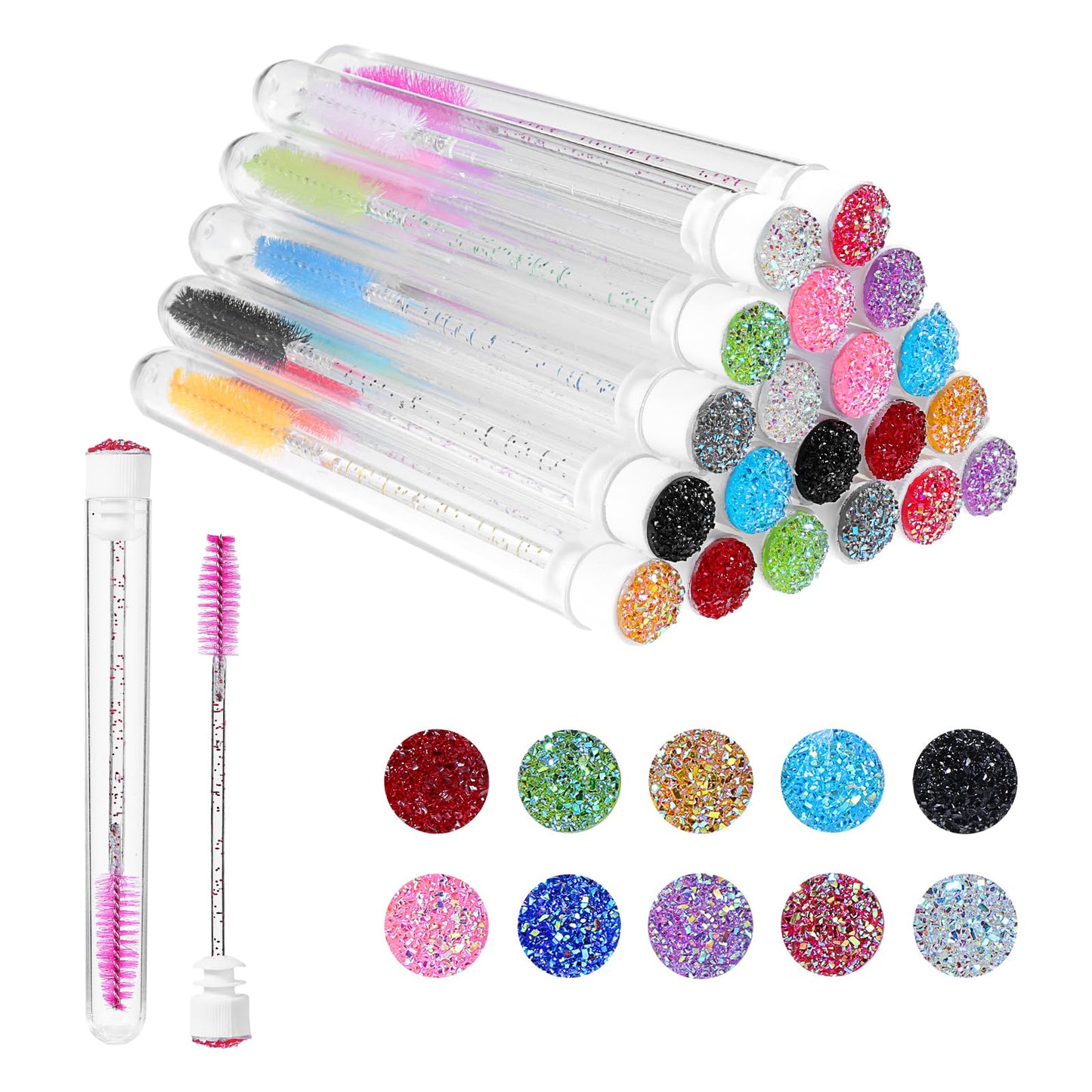 ZEYIYER 20 Pcs Disposable Mascara Wand Set with Tubes, Diamond Eyelash Brushes, Lash Wand Tubes, Makeup Eye Lash Spoolies with E