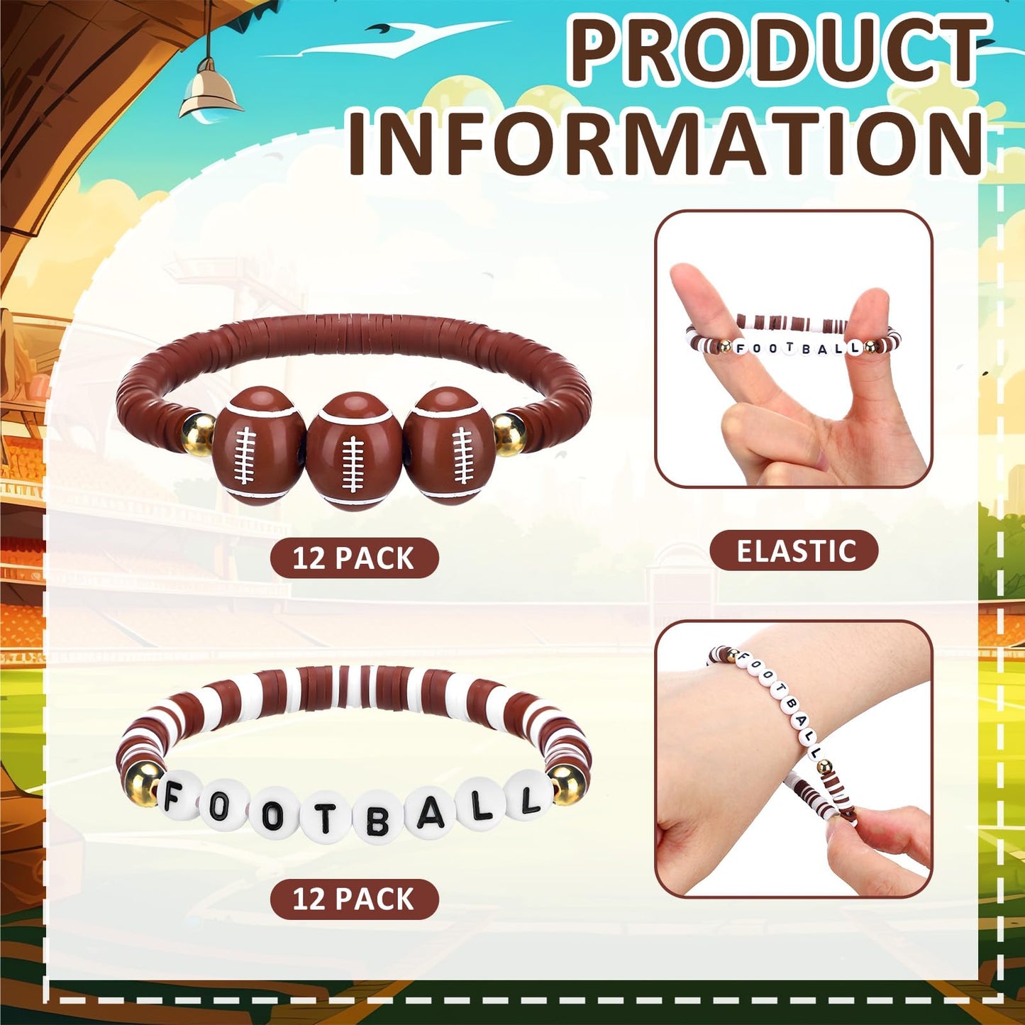 Huquary 24 Pack American Football Team Gifts Letter Clay Beaded Bracelet Bulk American Football Party Favors Brown White Adjusta