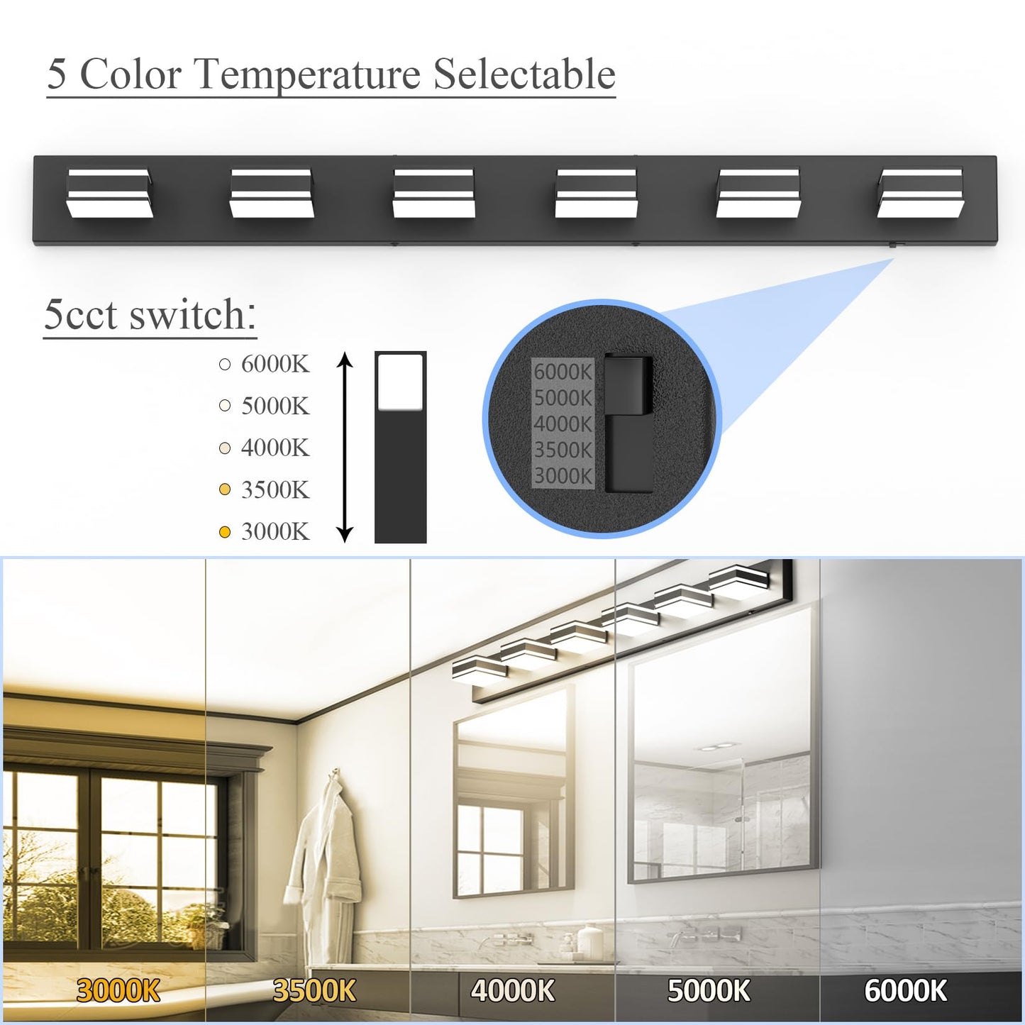 Ralbay 48Inch Black Bathroom Vanity Light With 5 Color Temperatures (3000K-6000K) Dimmable Metal Acrylic Modern Led Matte Black Bathroom Lighting Over Mirror (6-Light)