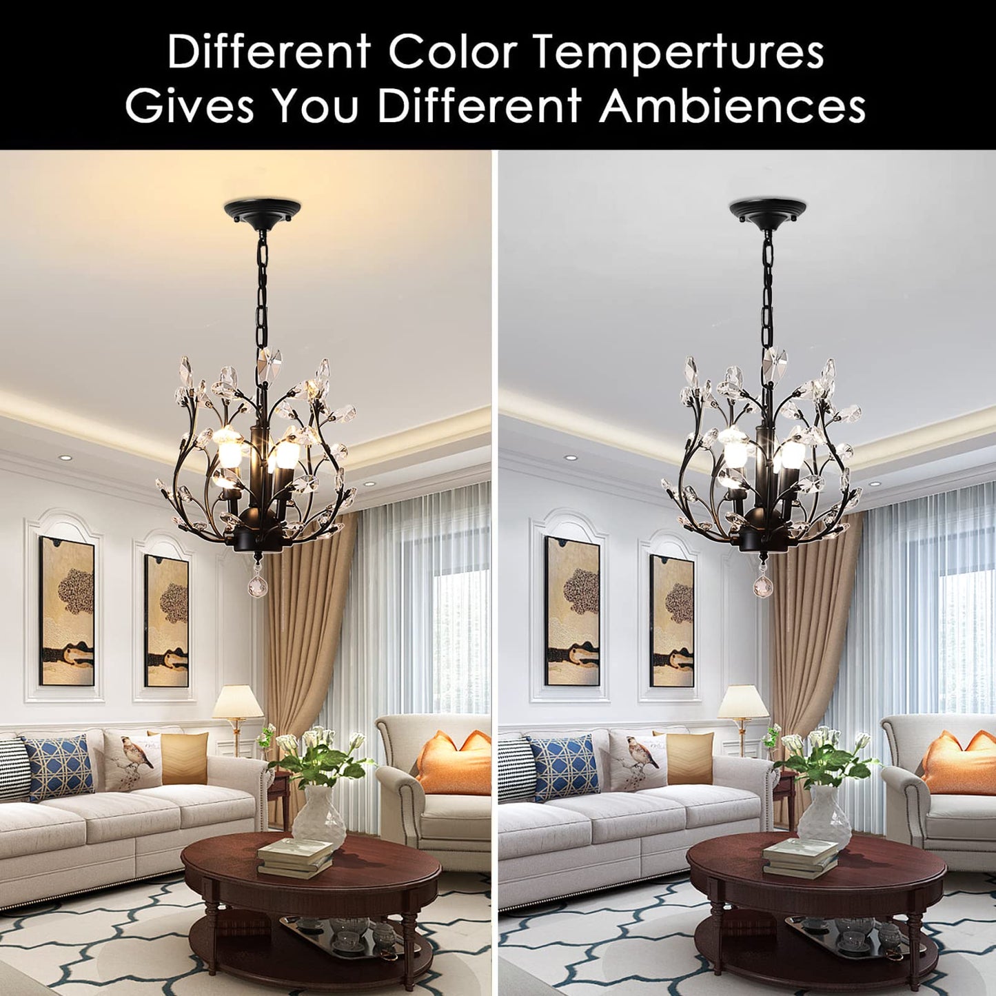 Ganeed Vintage K9 Crystal Chandelier - 3-Light Flush Mount Fixture, Black Iron For Living Room, Dining Room, Restaurant, Hallway