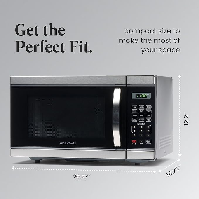 Farberware 1.1 Cu. Ft. Countertop Microwave Oven – 1000 Watt Power, Auto Cook Settings, Defrost, Easy Clean and Child Safety Lock - Stainless
