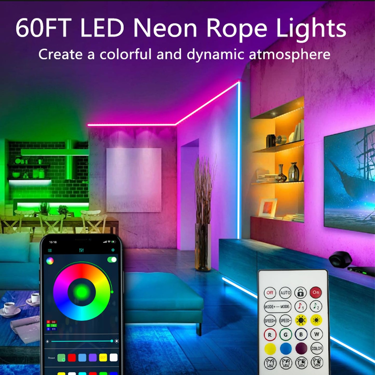 Bvokon 80FT RGB Neon Rope Lights, Flexible LED Strip with App/Remote, Music Sync, IP65 Waterproof