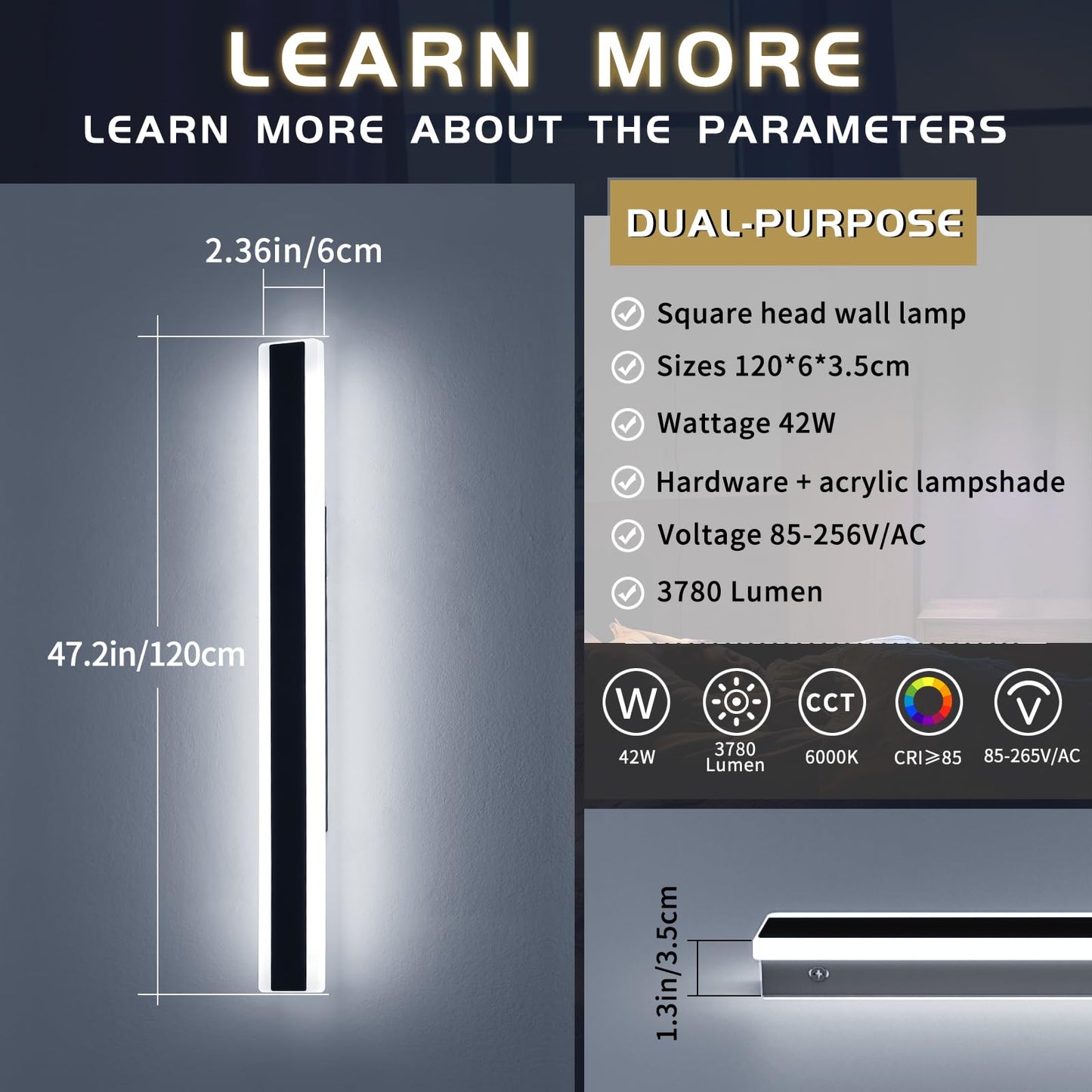 Mikeru 47.2Inch Long Led Wall Light  6000K Cool White Modern Outdoor Wall Light Ip65 Waterproof Black Acrylic Porch Exterior Lighting Fixtures  Exterior Wall Mount Lights For Garage Front Door