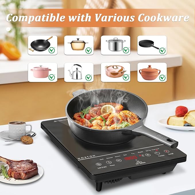 Noxton Portable Electric Stove 110V, 1800W Single Burner Electric Cooktop, Countertop Burner Electri Hot Plate, 4 Hour Timer, 9 Power Level, Child Safety Lock, Compatible with All Cookware(Black)