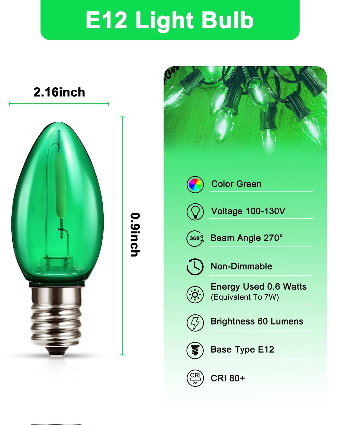 C7 Led Green Candle Light Bulbs  0.6W Equivalent 7Watt E12 Base Bulb  Festival Decoration For Indoor&Outdoor Decor  Christmas  Party  Home Lighting  Nightlight  Holiday Lighting  Non-Dimmable  6 Pack