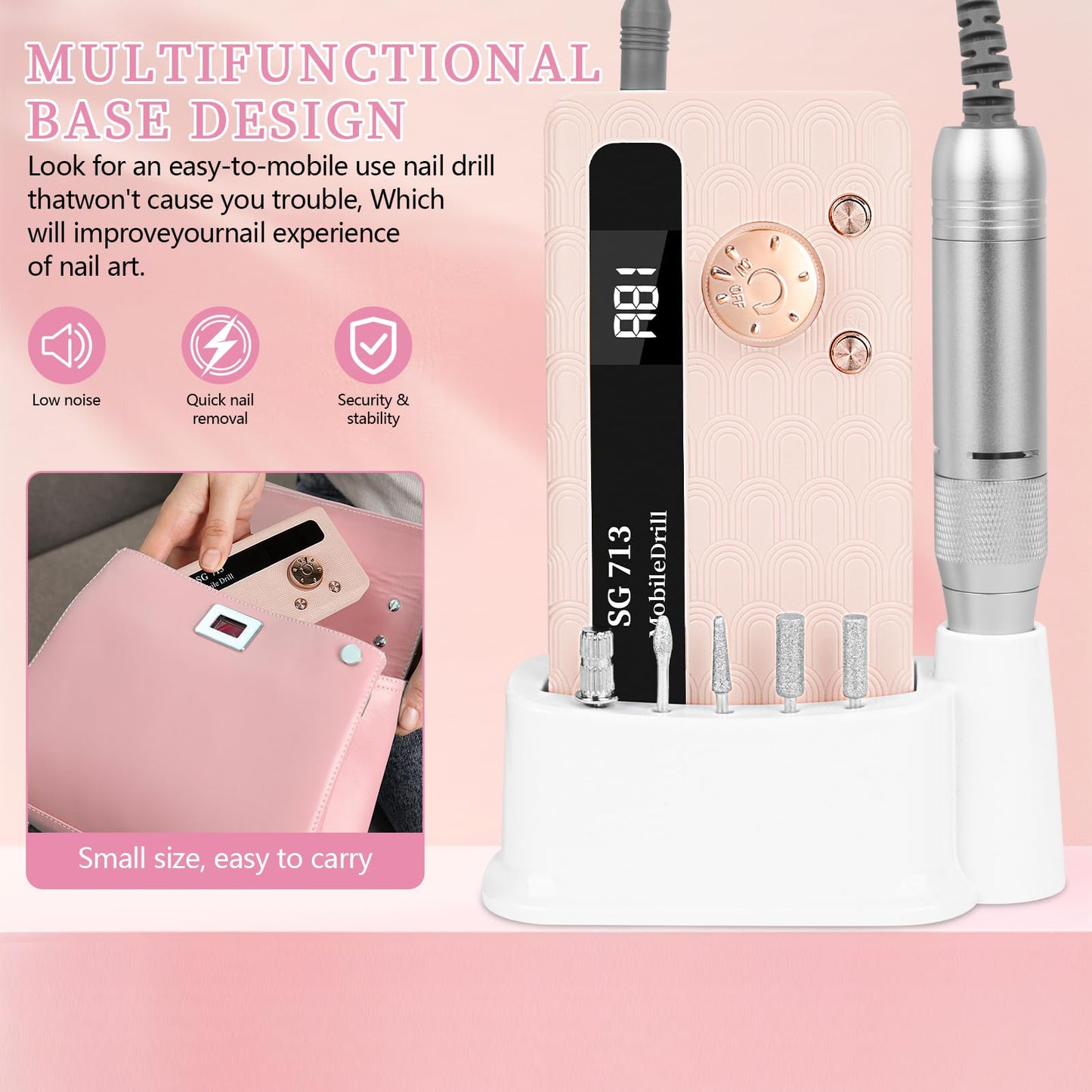 Electric Nail File Professional Kit - 45000RPM Portable Nail Drill Electric File with 11 Bits & Base?LED Screen?Ultra-Silent, Re