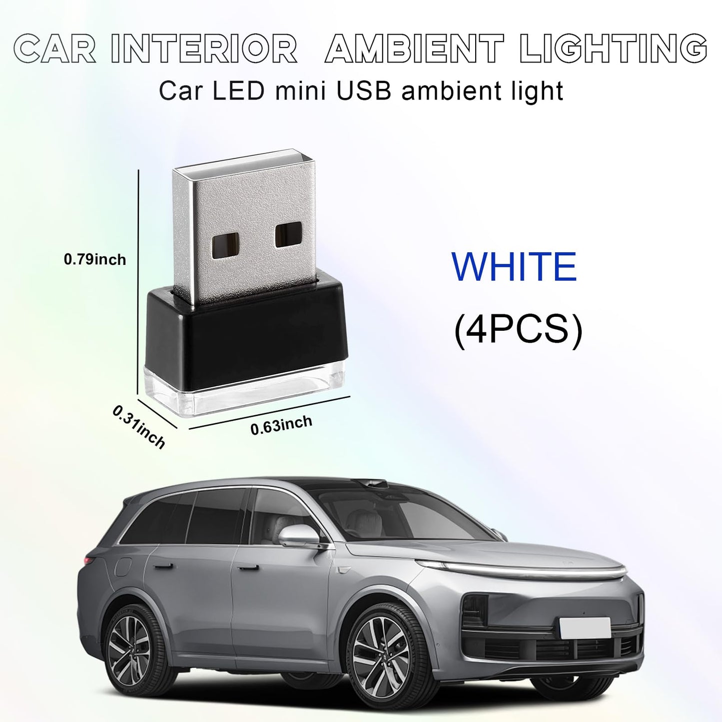 Sylvil 4 Pcs Usb Led Car Interior Atmosphere Lamp  Portable Mini Led Night Light  Plug-In Usb Interface Trunk Ambient Lighting Kit  Universal Interior Car Accessories (White)