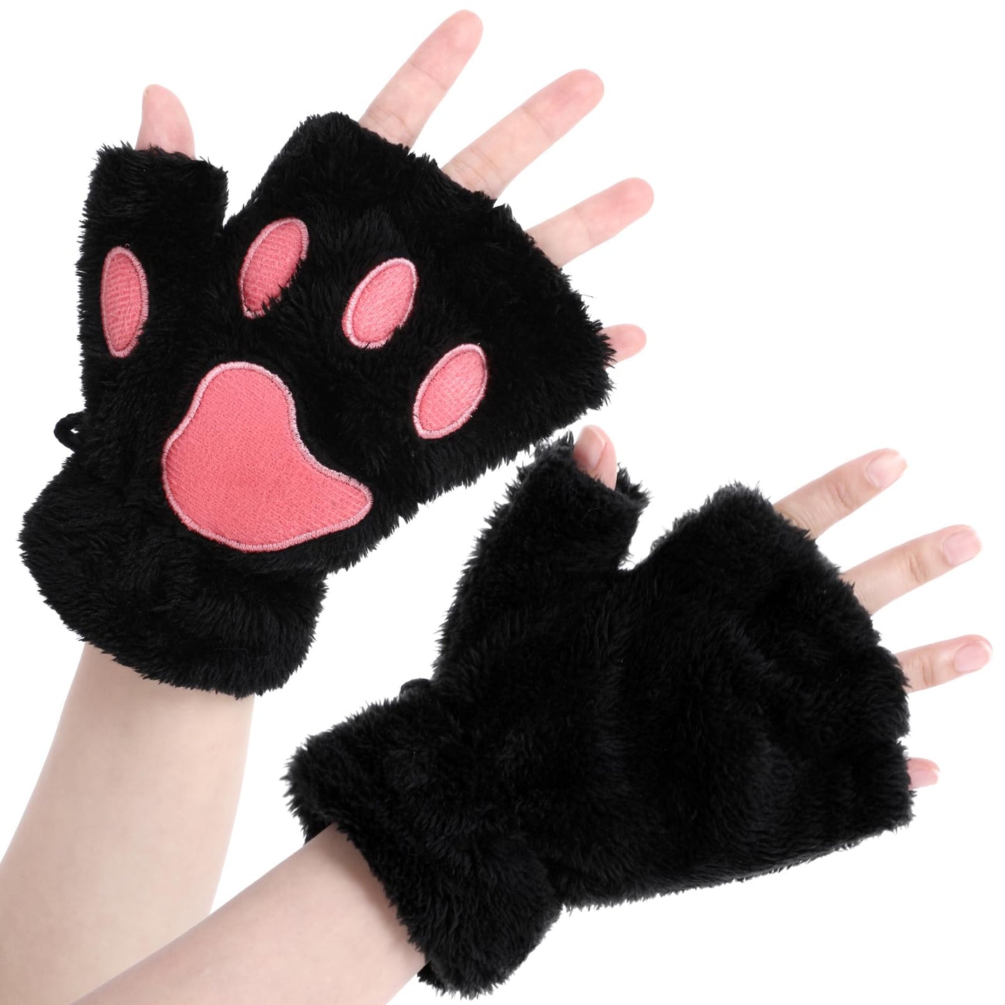 Cat Paw Gloves Black Bear Furry Paw Fingerless Hand Winter Paw Gear Kawaii Cat Claw Gloves Warm Mittens Cute Faux Fur Plush Half Finger Paws Gloves Cat Paw for Girls Women Halloween Cosplay Costume