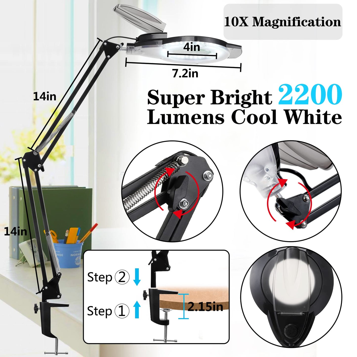 ADDIE KIRKAS 10X LED Magnifying Lamp with Clamp, 2200 Lumens Dimmable, Adjustable Arm, Aluminum, Black