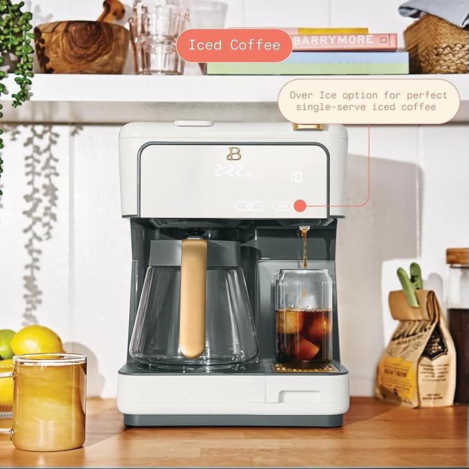 Beautiful Multi-Brew Drip Coffee Maker & Single Serve Machine, Glass Carafe, Keep Warm, Travel Mug Friendly, 3 brew settings, Touch-activated home and kitchen by Drew Barrymore (White)