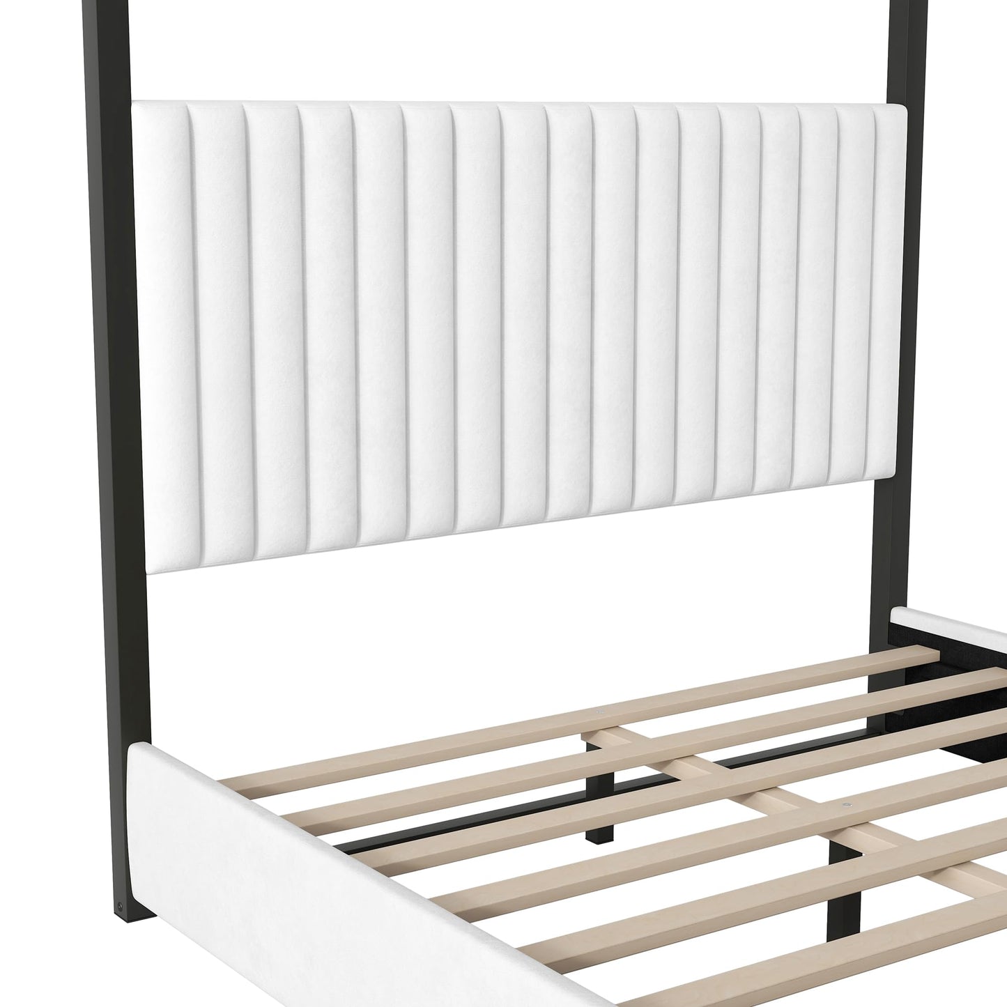GDFStudio Queen Size Canopy Bed Frame with Upholstered Headboard, Metal Frame Platform Design, Four Poster Metal Frame Bed, Romantic Bedroom Decor, Modern Bedroom Furniture, Black White