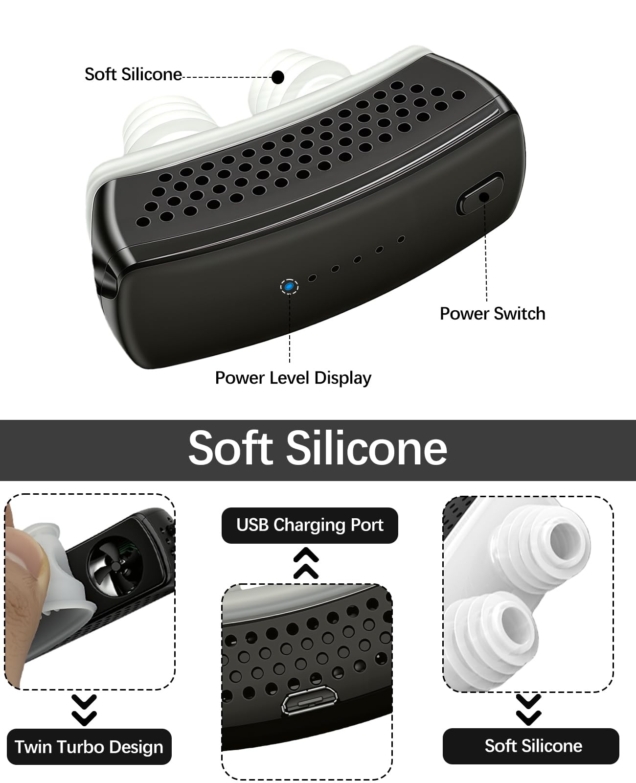 Anti Snoring Devices, Electric Snoring Solution with Adjustable Security Strap, Adjustable 6-Speed, Universal Fit for All Nose Shapes, Portable Sleep Apnea Devices for Men & Women (Charcoal Black)