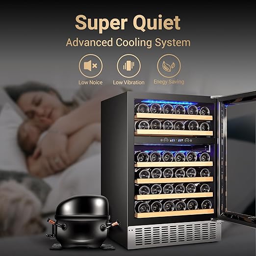 AAOBOSI 46 Bottles Wine Fridge, 24 Inch Wine Cooler with Dual Zone, Freestanding and Built-in Wine Refrigerator with Blue LED Light and Adjustable Shelves, Double-Layer Glass Door, Safety Lock