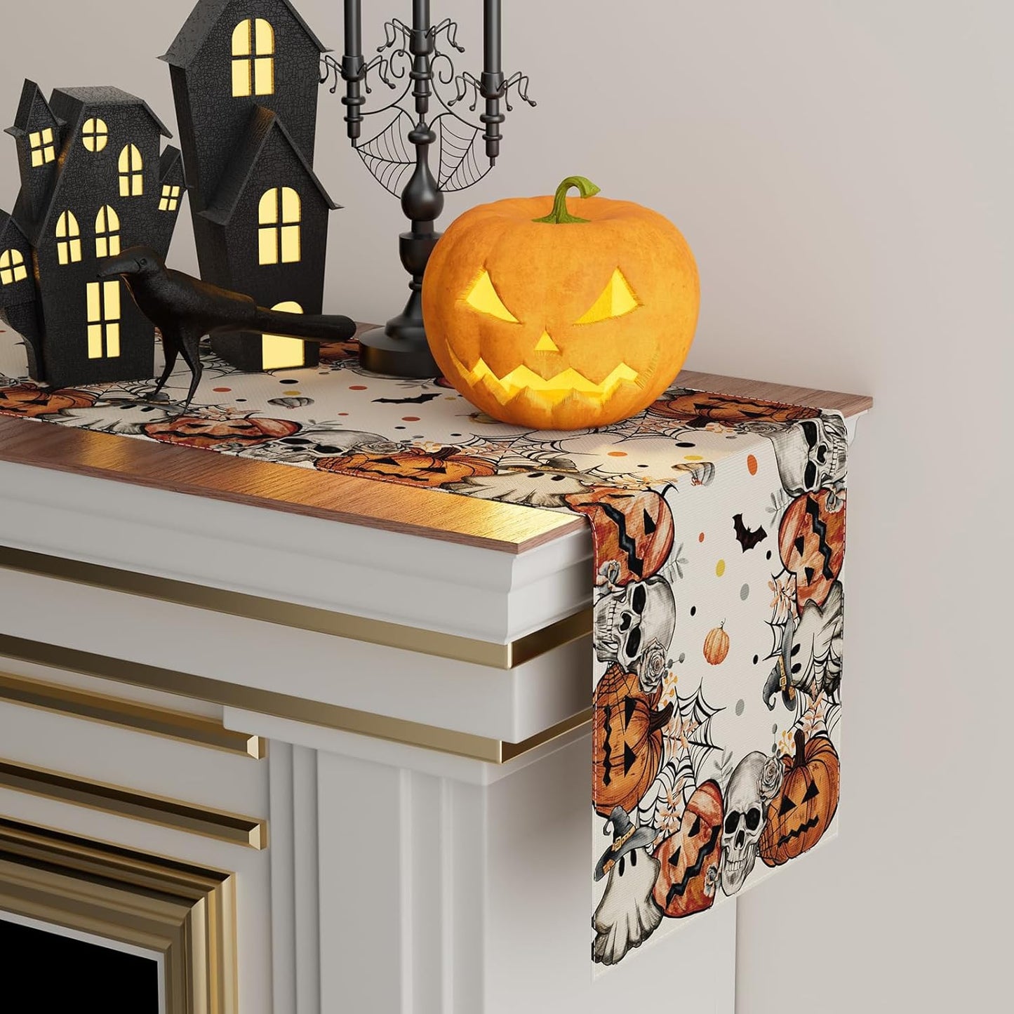 XCHI Spooky Skeleton Ghost Pumpkin Halloween Table Runner Party Table Decoration for Home Kitchen Dining Holiday Decor 13x60 Inch