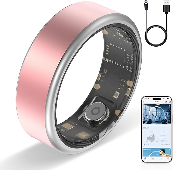 Potewek Smart Ring Long-Lasting Battery Chip Fitness Tracker Monitors Heart Rate Blood Oxygen Levels Records Sleep Step Co...
