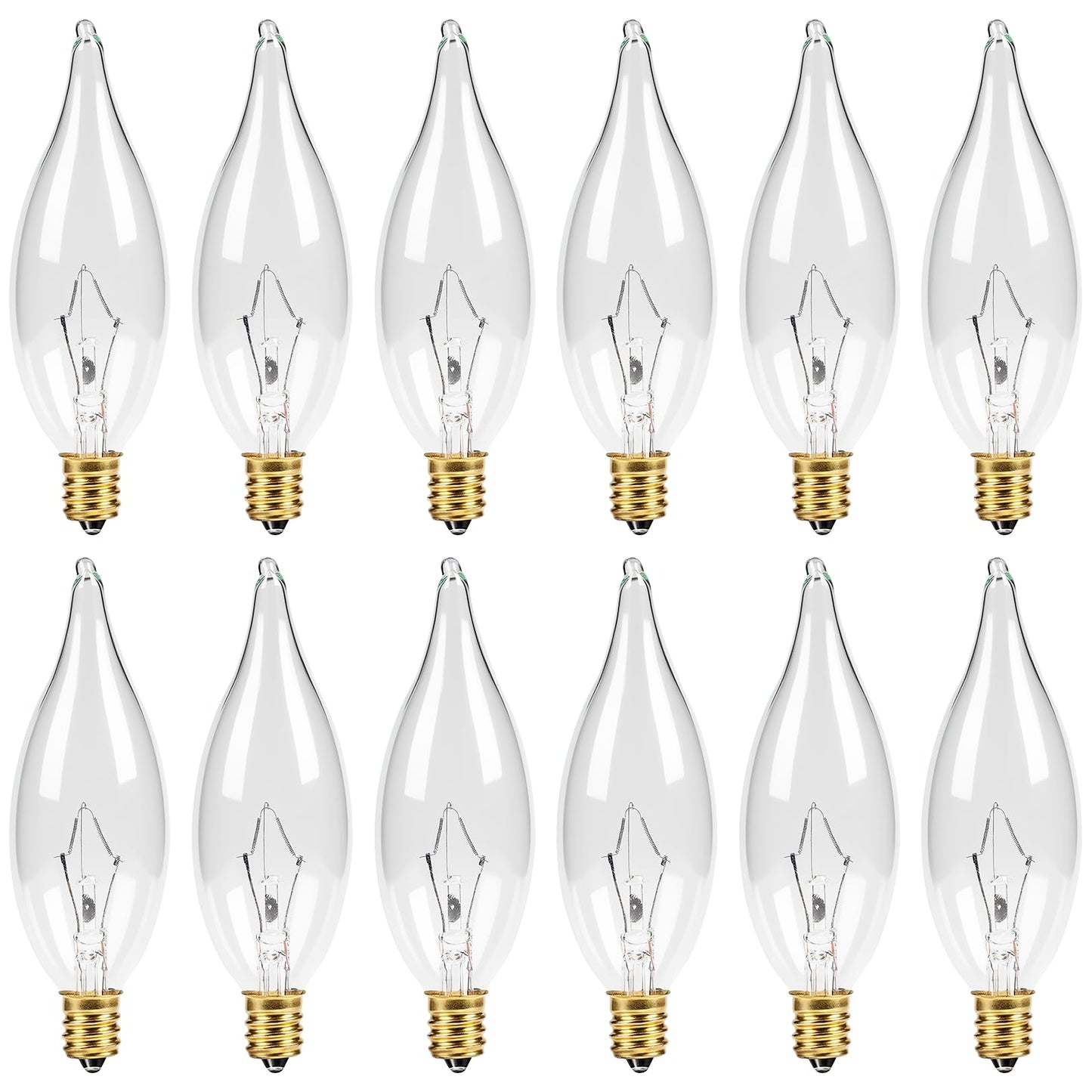 CYLYT 12-Pack E12 Candelabra Light Bulbs 40W, Warm White 2500K, 380 Lumen Dimmable Chandelier Light Bulb for Ceiling Fan, CA10 Gold Base for Candle Bulbs, Clear Glass