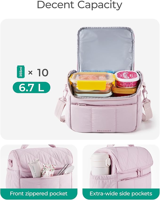 BAGSMART Insulated Lunch Bags for Women, Cute Quilted Lunch Box, Lightweight Puffy Padded Waterproof Lunch Tote, Reusable Lunch Cooler for Work Picnic Travel, Lavender Purple
