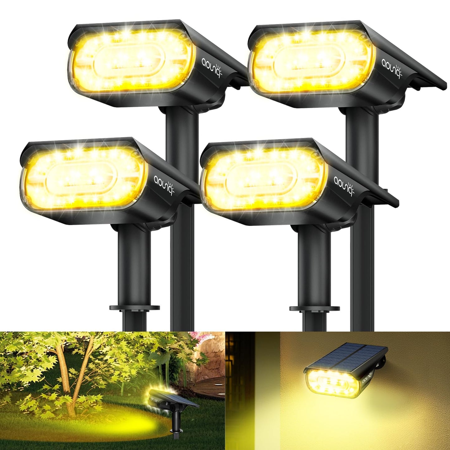AOUNQ 4 Pack Solar Spot Lights Outdoor 1000 Lumens, 64 LEDs IP67 Waterproof Landscape Lighting with 4 Modes - 2-in-1 Solar Spotl