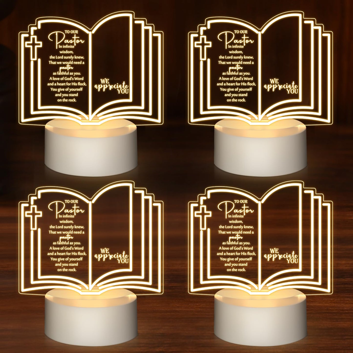 Kosiz 4 Pcs Pastor Appreciation Gift LED Night Light Christmas Christian Gifts Engraved Thank Clergy Sayings Acrylic Lamp with B