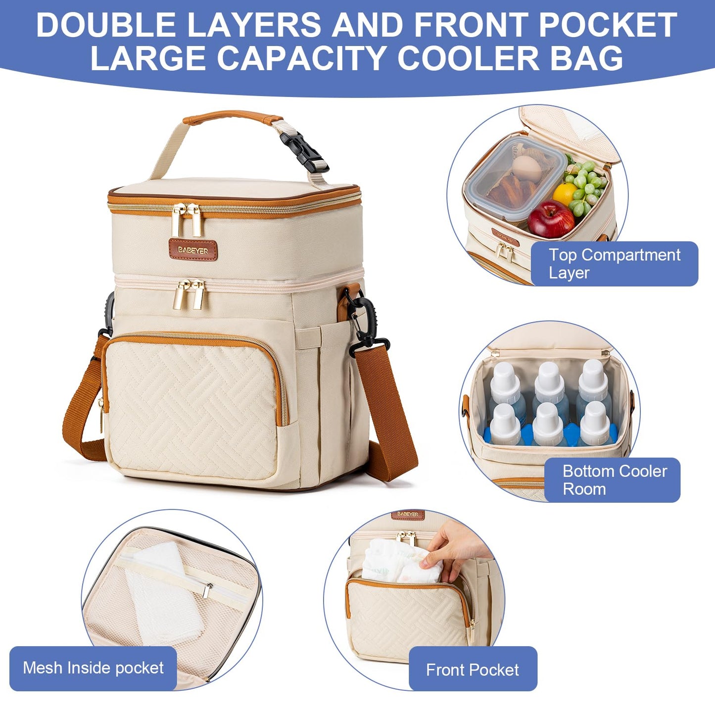 BABEYER Insulated Breastmilk Cooler Bag with Ice Pack - Holds 6x9oz Bottles, Leakproof Double Layer, Baby Bottle Cooler Bag with Adjustable Strap for Nursing Moms, Daycare & Travel