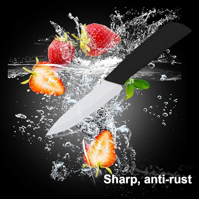 5-Pieces Ceramic Knife Set,Sharp Ceramic Knife with Block Stand,Steak Knife,Black Kitchen Knives With Anti-Slip handle,Includes 6"Chef Knife,5"Utility Knife,4"Vegetable Knife,3"Bread Knife,1"Peeler
