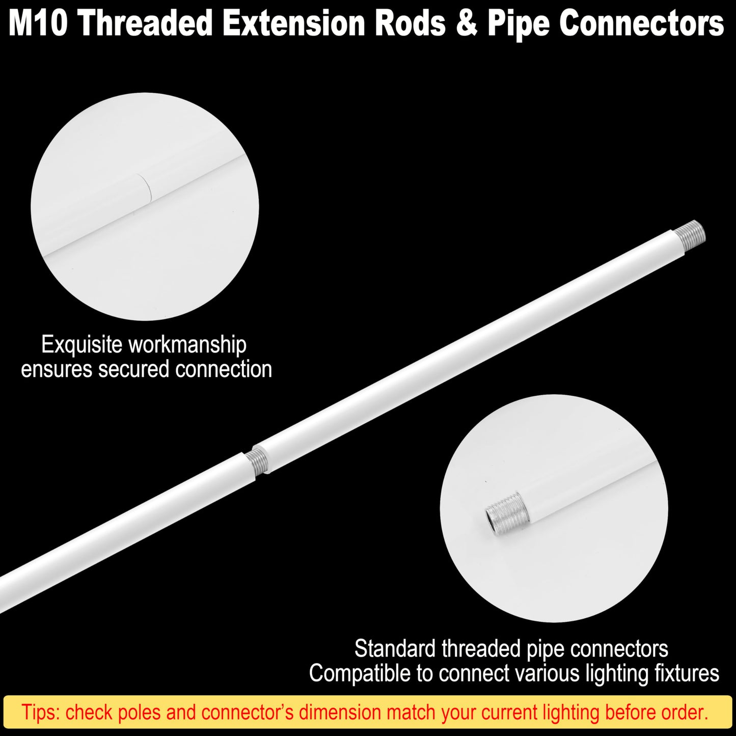 M10 Threaded Extension Poles Lighting Fixture Downrods Stems & 180 Degrees Sloped Ceiling Adapter Kits For Pendant Light  Island Lighting  Chandeliers (White)