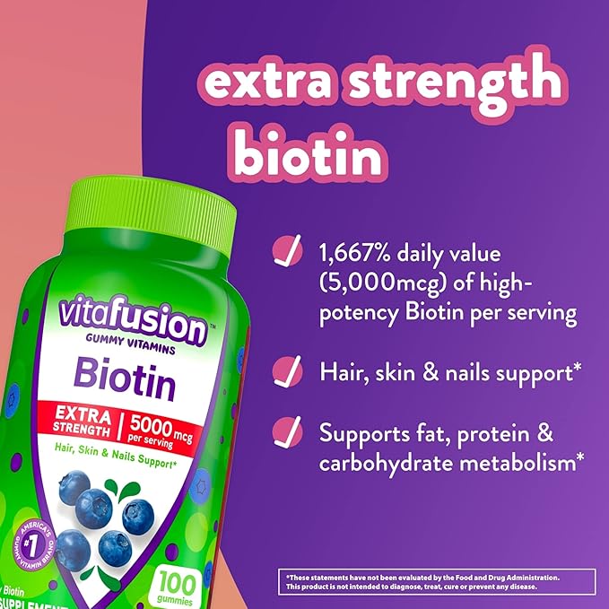 Vitafusion Extra Strength Biotin Gummy Vitamins, Berry Flavored, 5,000 mcg Biotin Vitamins, America’ & Omega-3 Gummy Vitamins, Berry Lemonade Flavored, Heart Health Vitamins(1)