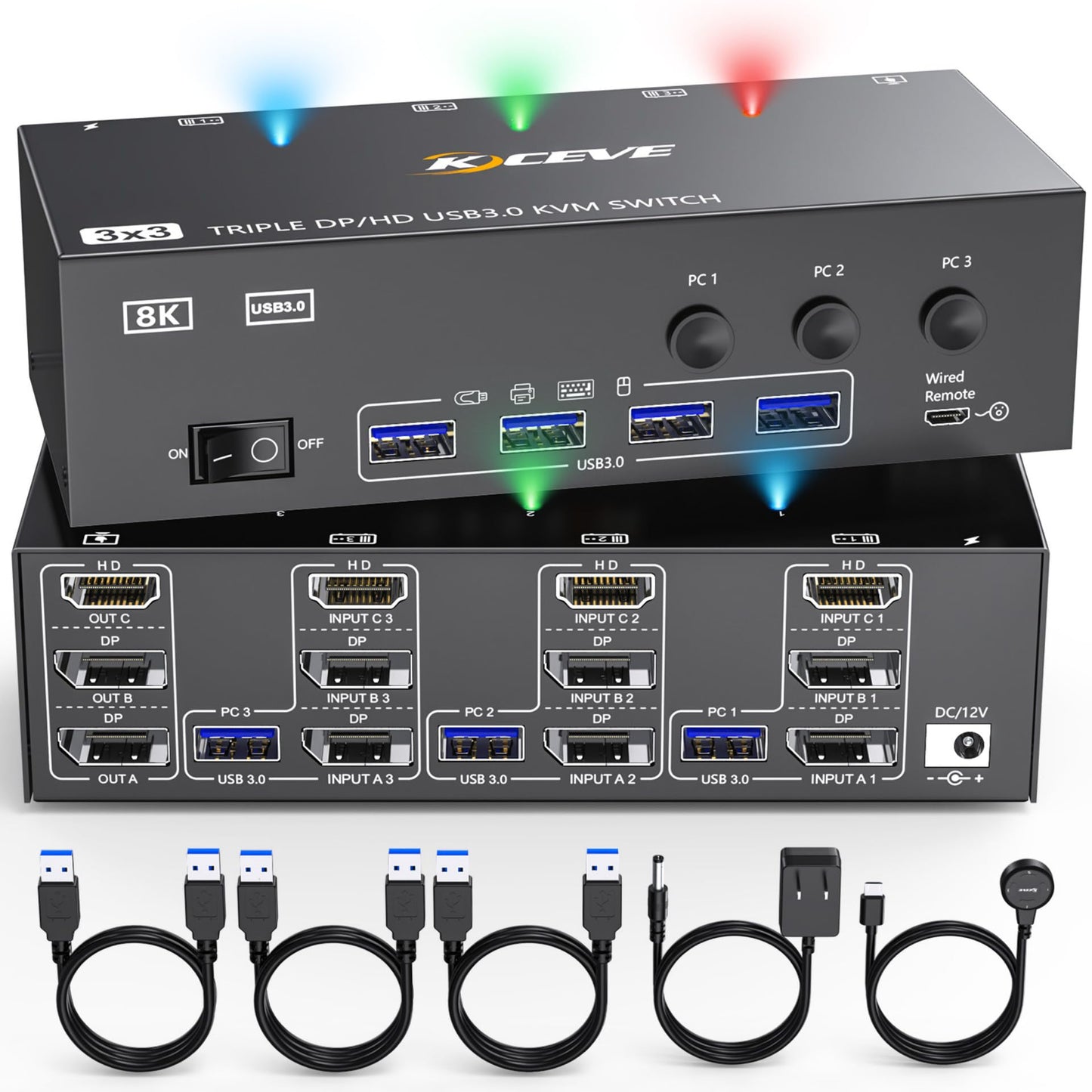 8K KVM Switch 3 Monitors 3 Computers HDMI + DisplayPort, KCEVE USB 3.0 DP KVM Switcher, 8K@30Hz/4k@144Hz Triple Monitor DP KVM for 3 PC Share 3 Display and 4 USB 3.0 Devices