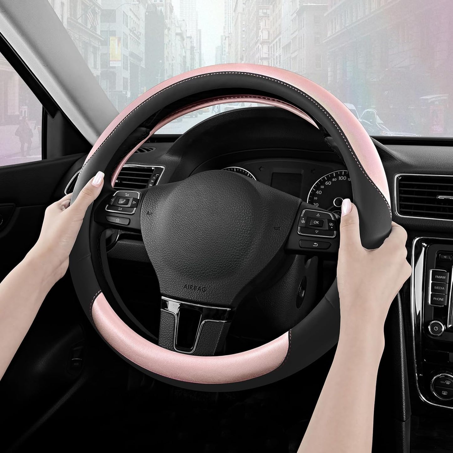 Road Comforts Steering Wheel Cover – Breathable Leather Steering Wheel Cover, Anti-Slip Grip, Universal Fit 14.5” to 15”, Heat & Cold Resistant for Cars, SUVs, and Trucks – Black & Shining Pink