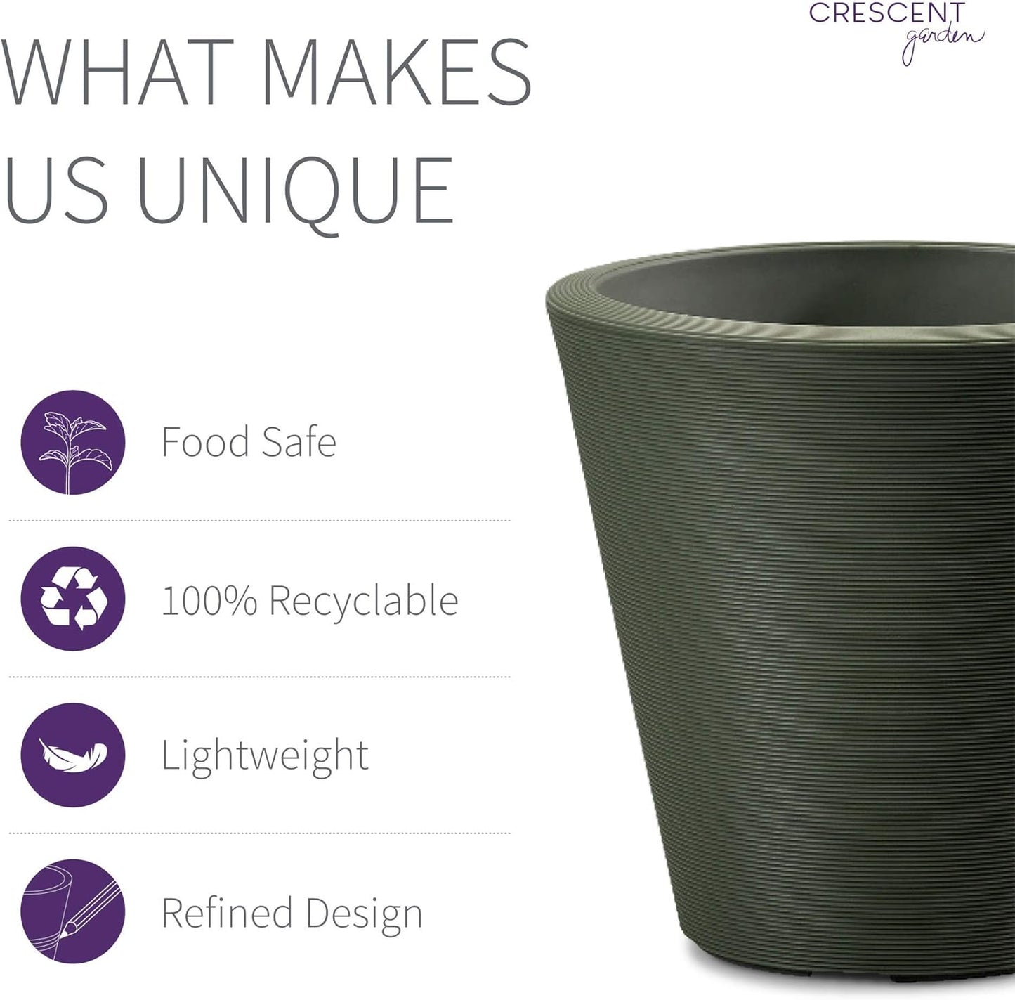 Crescent Garden Madison Planter– Weather-Resistant, Double Walled Indoor/Outdoor Plant Pot with Drain Hole – Durable All-Season Flower Container, 16" W (Olive)