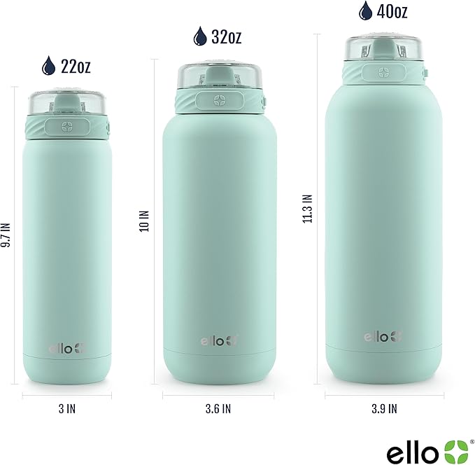 Ello Cooper 40oz Stainless Steel Water Bottle with Straw and Carry Handle, Double Walled and Vacuum Insulated Metal, Leak Proof Locking Lid with Soft Silicone Spout, Reusable, BPA Free, Yucca