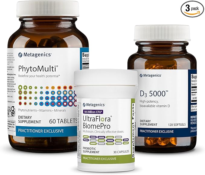 Metagenics PhytoMulti Without Iron - 60 Tablets, D3 5000-120 Softgels, and UltraFlora BiomePro - 30 Capsules