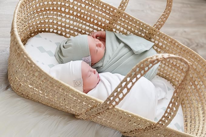 Bassinet Sheets Fitted Cover - Flexible Fit 100% Soft Jersey Knit Cotton - Neutral Grey Sage Diamond - 2 Pack Set