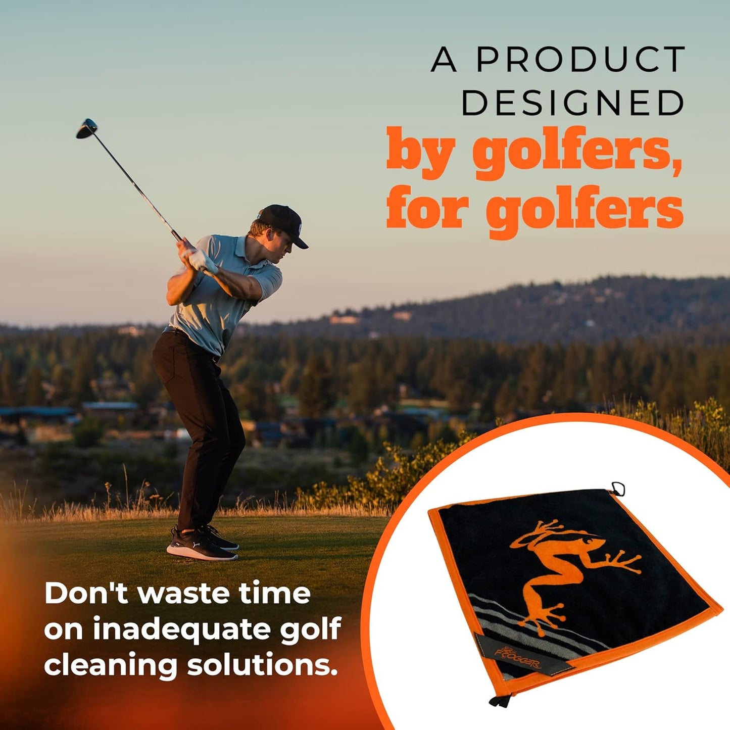 Frogger Amphibian 2-in-1 Golf Towel with Wet and Dry Technology, Orange/Black, Premium Golf Bag Accessory with Carabiner Clip, Ultra Absorbent, for Golf Dads