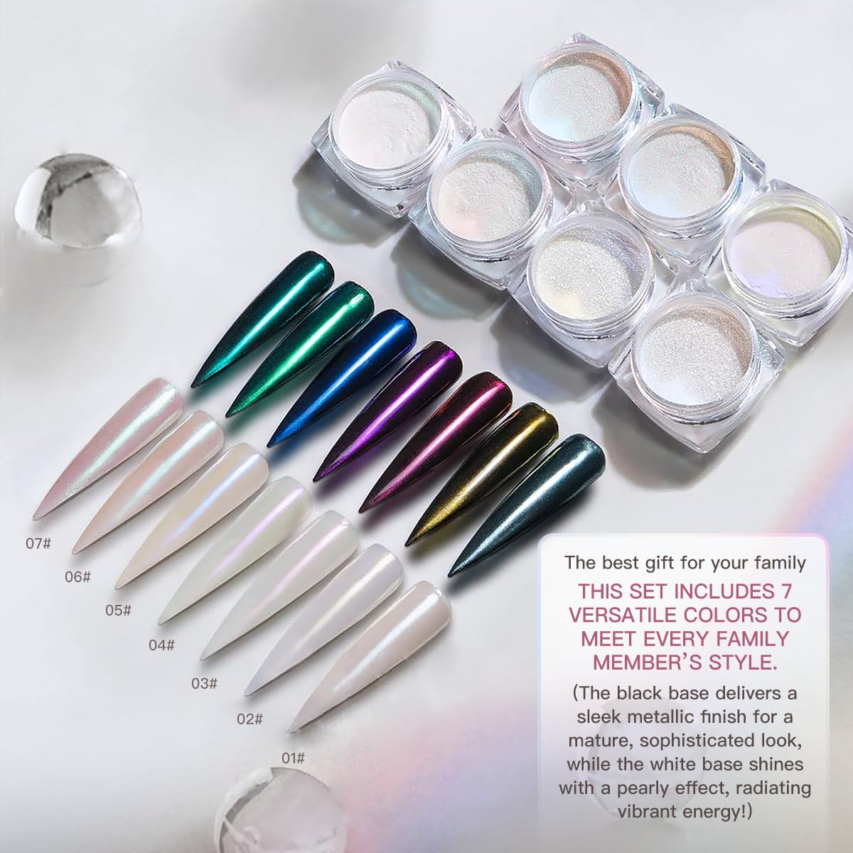 Pretty Diva 7 Colors Pearl Chrome Powder Set, Magic White Pearl Chrome Powder for Nails Aurora Iridescent Pearl Nail Chrome Powd